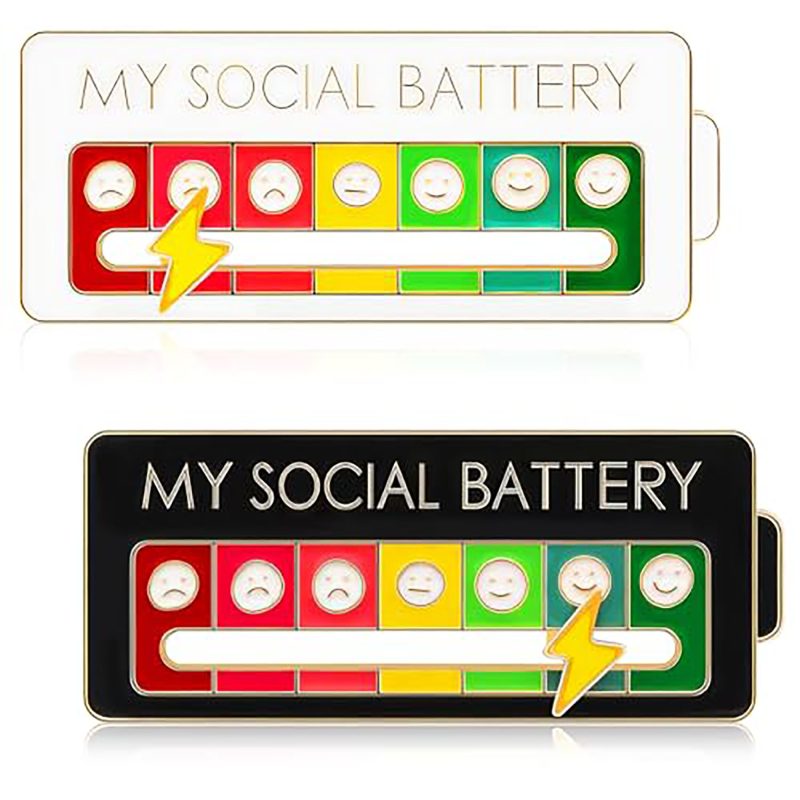 2-Pack Social Battery Slider Pins, Funny Mood Lapel Pins for Work, Interactive Expression Badge for Introverts, 7-Day Social Battery Tracker